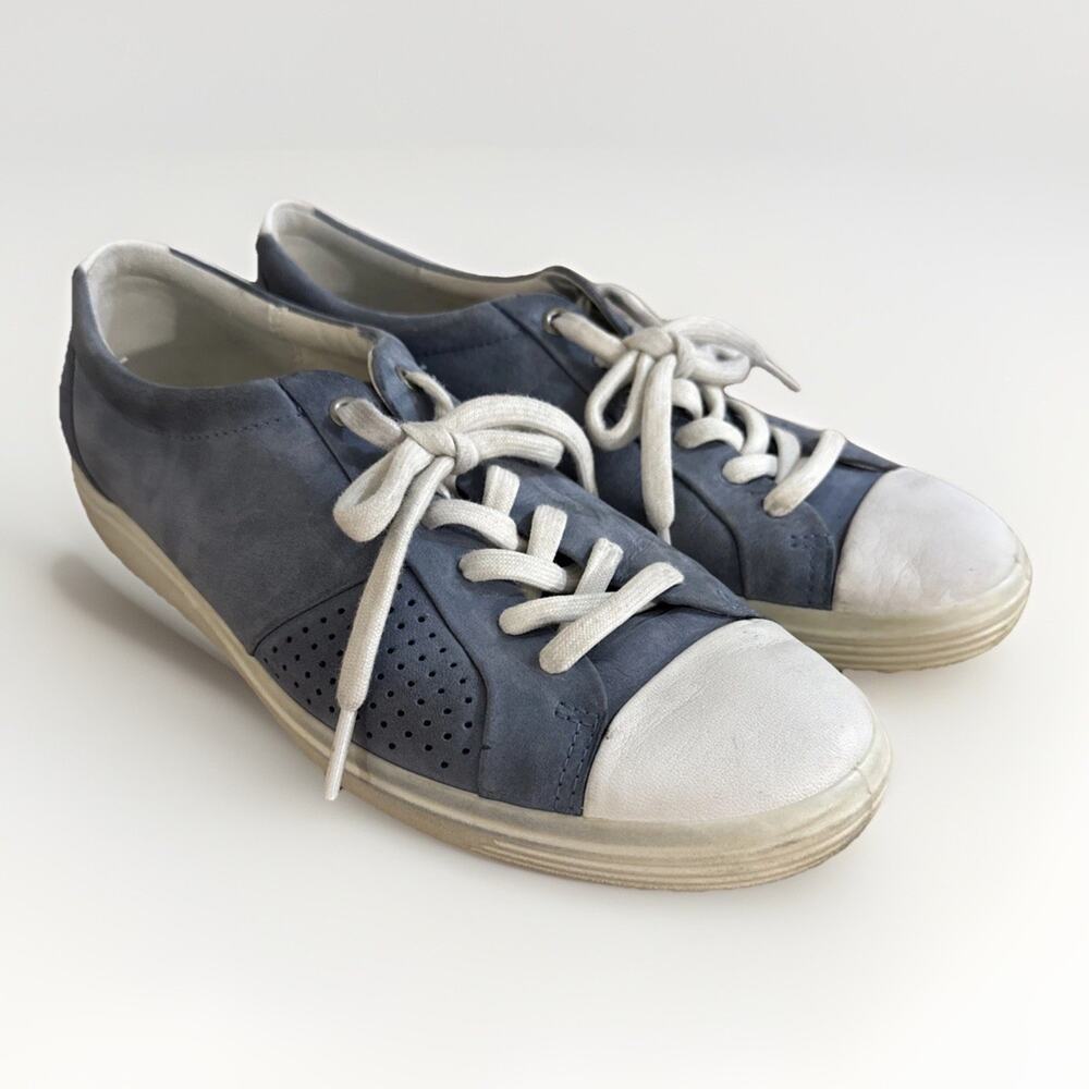 Ecco Soft Blue Leather Lace Up Sneakers Womens 10 W Comfort Low Top Shoes